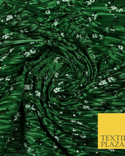 Wine Gold Green Ditsy Floral Dot Printed Pleated Plisse Satin Dress Fabric 58"