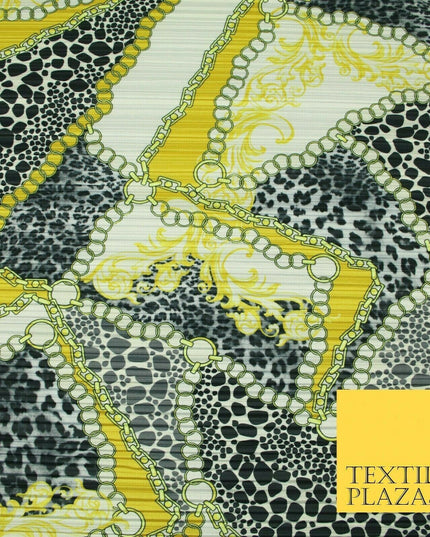 White Yellow Black Ornate Leopard Print Chains Pleated Plisse Satin Fabric 5447