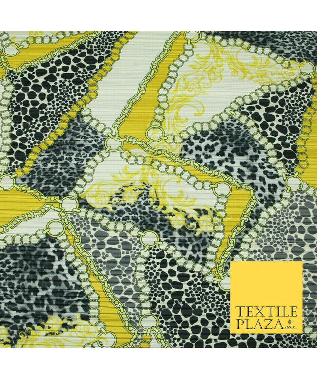 White Yellow Black Ornate Leopard Print Chains Pleated Plisse Satin Fabric 5447
