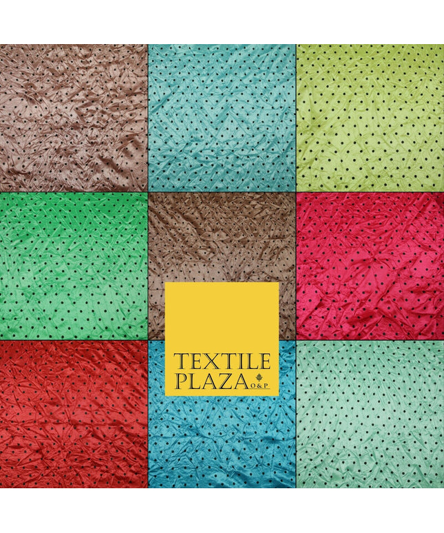 9 COLOURS - Crushed Creased 4mm Spotted Polka Dot Polyester Stretch Satin Fabric