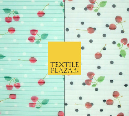 Mint White Falling Fruity Red Cherries Spotted Pleated Plisse Georgette Fabric