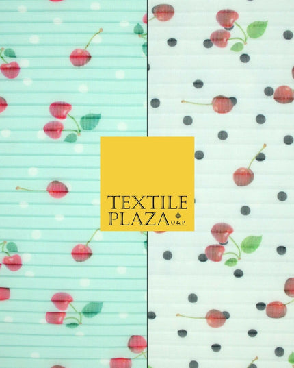 Mint White Falling Fruity Red Cherries Spotted Pleated Plisse Georgette Fabric