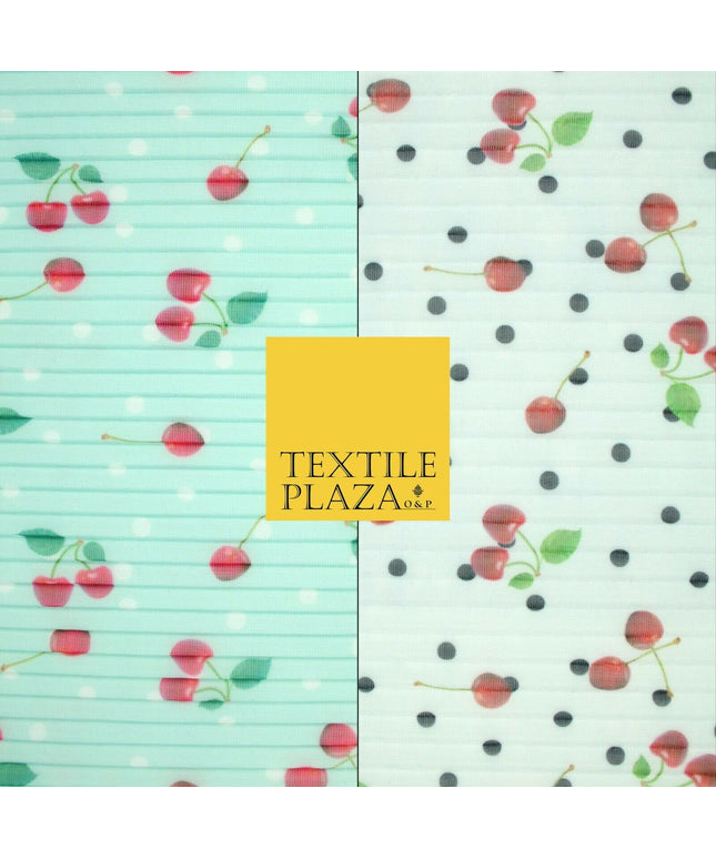 Mint White Falling Fruity Red Cherries Spotted Pleated Plisse Georgette Fabric