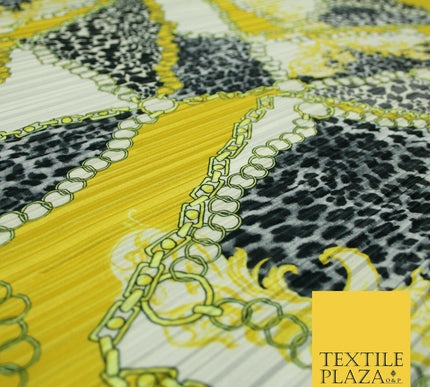 White Yellow Black Ornate Leopard Print Chains Pleated Plisse Satin Fabric 5447