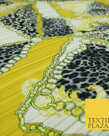 White Yellow Black Ornate Leopard Print Chains Pleated Plisse Satin Fabric 5447