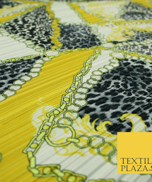 White Yellow Black Ornate Leopard Print Chains Pleated Plisse Satin Fabric 5447