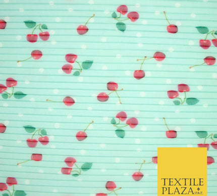 Mint White Falling Fruity Red Cherries Spotted Pleated Plisse Georgette Fabric