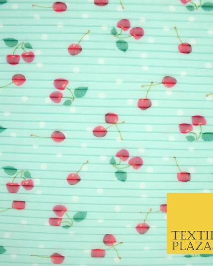 Mint White Falling Fruity Red Cherries Spotted Pleated Plisse Georgette Fabric