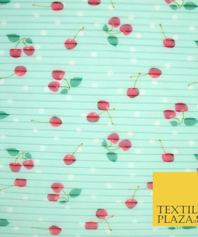 Mint White Falling Fruity Red Cherries Spotted Pleated Plisse Georgette Fabric