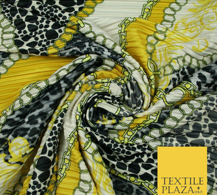 White Yellow Black Ornate Leopard Print Chains Pleated Plisse Satin Fabric 5447