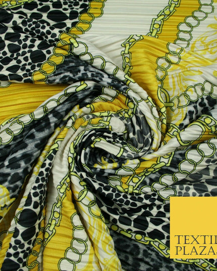 White Yellow Black Ornate Leopard Print Chains Pleated Plisse Satin Fabric 5447