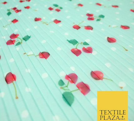 Mint White Falling Fruity Red Cherries Spotted Pleated Plisse Georgette Fabric