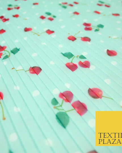 Mint White Falling Fruity Red Cherries Spotted Pleated Plisse Georgette Fabric