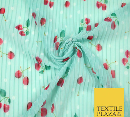 Mint White Falling Fruity Red Cherries Spotted Pleated Plisse Georgette Fabric