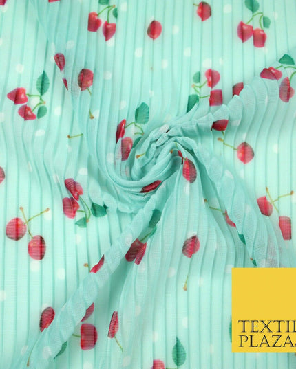 Mint White Falling Fruity Red Cherries Spotted Pleated Plisse Georgette Fabric