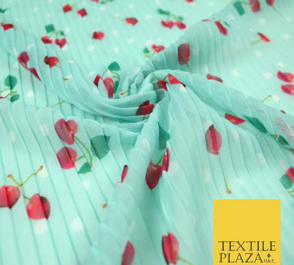 Mint White Falling Fruity Red Cherries Spotted Pleated Plisse Georgette Fabric
