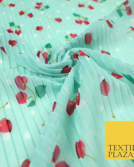 Mint White Falling Fruity Red Cherries Spotted Pleated Plisse Georgette Fabric