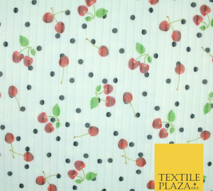 Mint White Falling Fruity Red Cherries Spotted Pleated Plisse Georgette Fabric