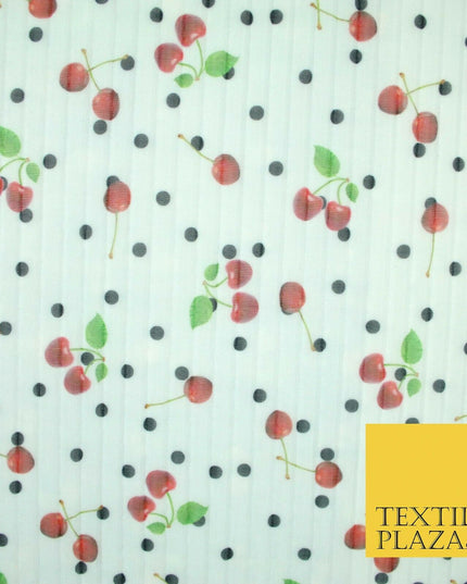 Mint White Falling Fruity Red Cherries Spotted Pleated Plisse Georgette Fabric