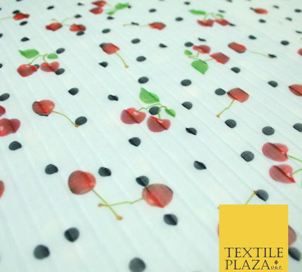 Mint White Falling Fruity Red Cherries Spotted Pleated Plisse Georgette Fabric