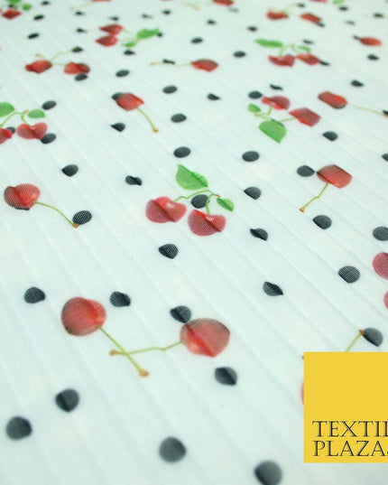 Mint White Falling Fruity Red Cherries Spotted Pleated Plisse Georgette Fabric