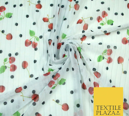 Mint White Falling Fruity Red Cherries Spotted Pleated Plisse Georgette Fabric