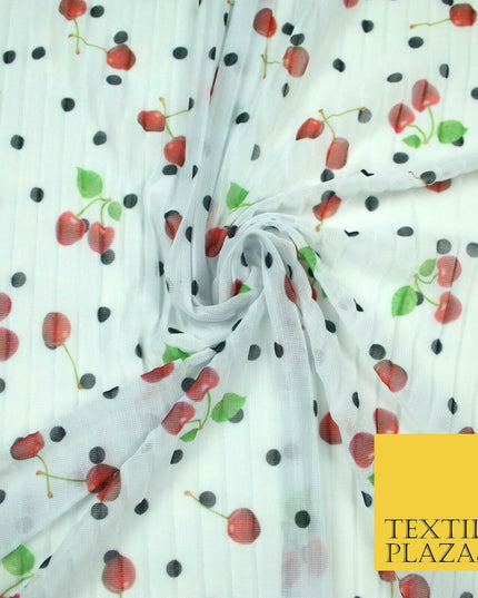 Mint White Falling Fruity Red Cherries Spotted Pleated Plisse Georgette Fabric