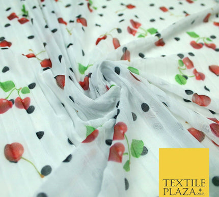 Mint White Falling Fruity Red Cherries Spotted Pleated Plisse Georgette Fabric