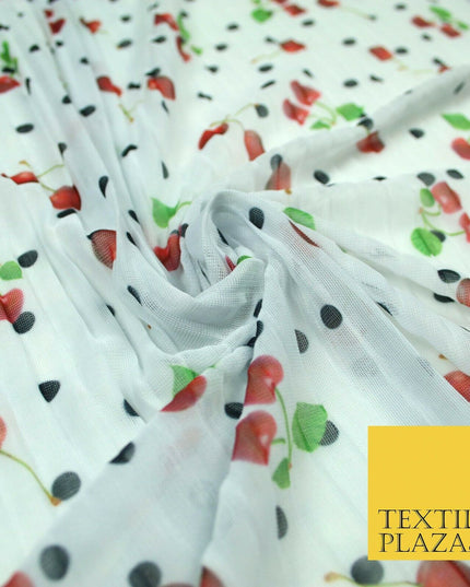 Mint White Falling Fruity Red Cherries Spotted Pleated Plisse Georgette Fabric