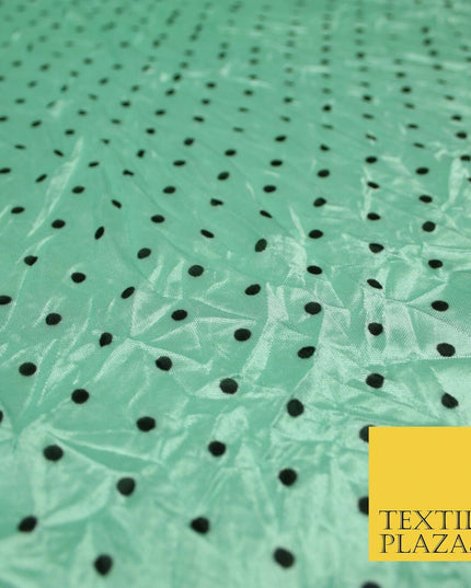 9 COLOURS - Crushed Creased 4mm Spotted Polka Dot Polyester Stretch Satin Fabric