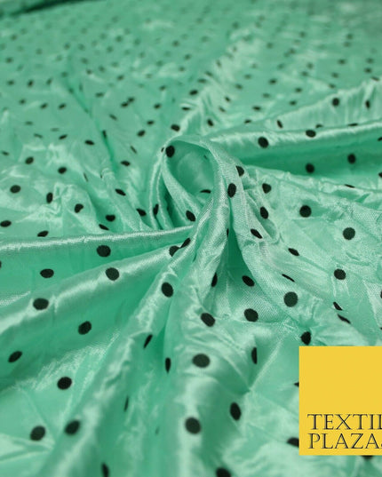 9 COLOURS - Crushed Creased 4mm Spotted Polka Dot Polyester Stretch Satin Fabric