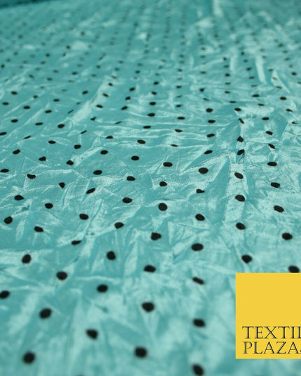 9 COLOURS - Crushed Creased 4mm Spotted Polka Dot Polyester Stretch Satin Fabric