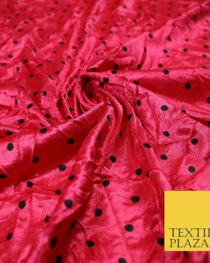9 COLOURS - Crushed Creased 4mm Spotted Polka Dot Polyester Stretch Satin Fabric
