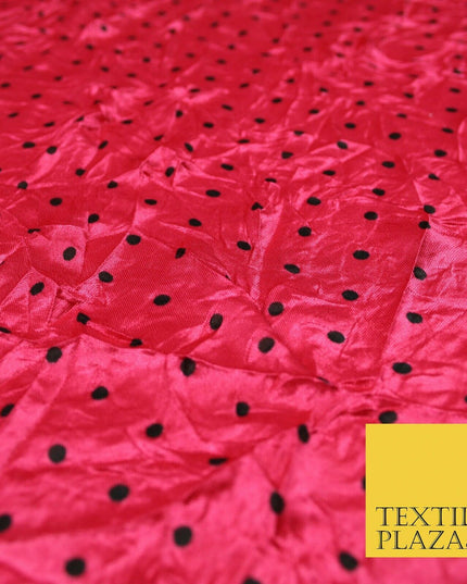 9 COLOURS - Crushed Creased 4mm Spotted Polka Dot Polyester Stretch Satin Fabric