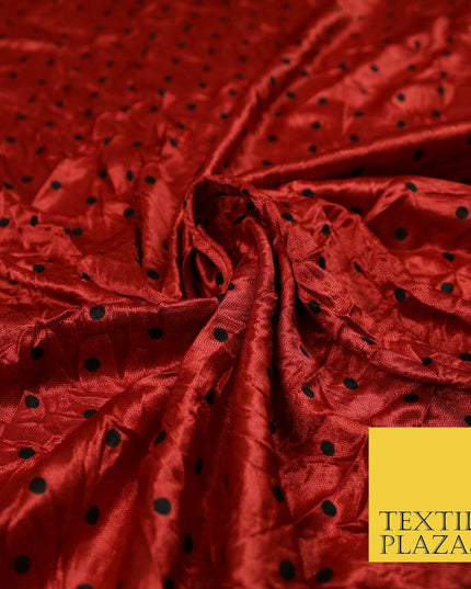 9 COLOURS - Crushed Creased 4mm Spotted Polka Dot Polyester Stretch Satin Fabric