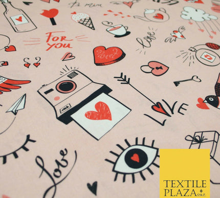 Pink Red LOVE Valentines Doodle Themed Digital Print 100% Cotton Fabric 58" 5499
