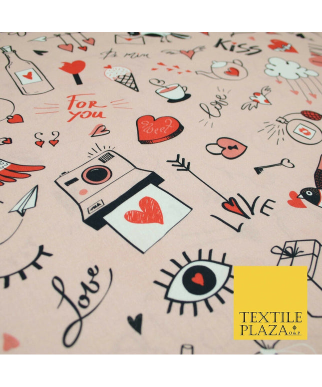 Pink Red LOVE Valentines Doodle Themed Digital Print 100% Cotton Fabric 58" 5499
