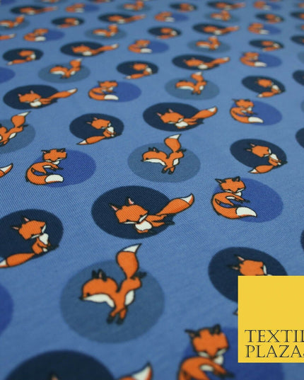 Denim Blue Spotlight Foxes Printed Soft Organic Cotton Jersey Fabric 59" 5474