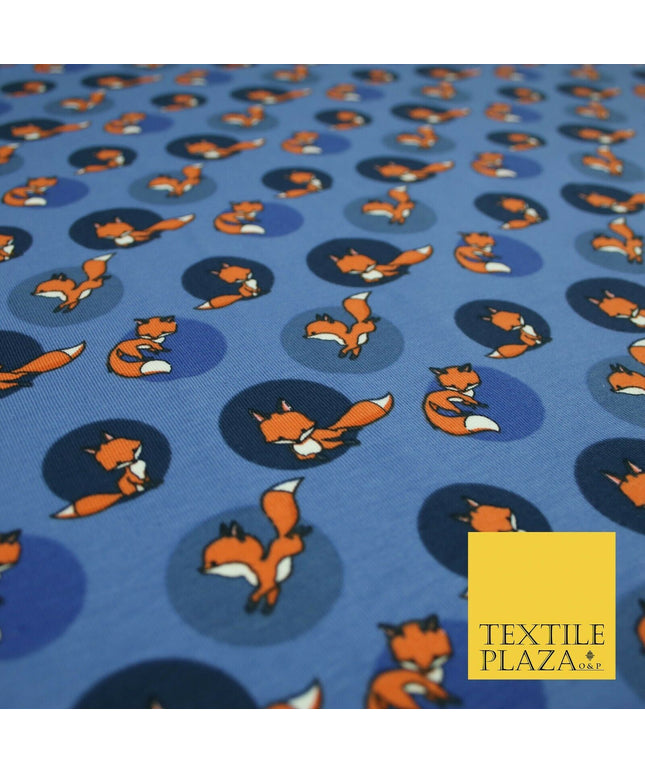 Denim Blue Spotlight Foxes Printed Soft Organic Cotton Jersey Fabric 59" 5474