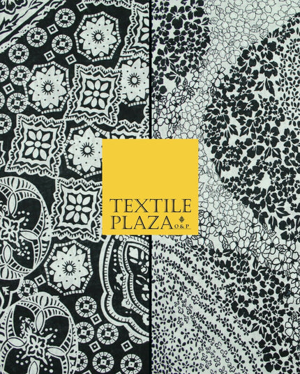 Black White Monotone Ornate Tribal Floral 100% Cotton Lawn Print Dress Fabrics