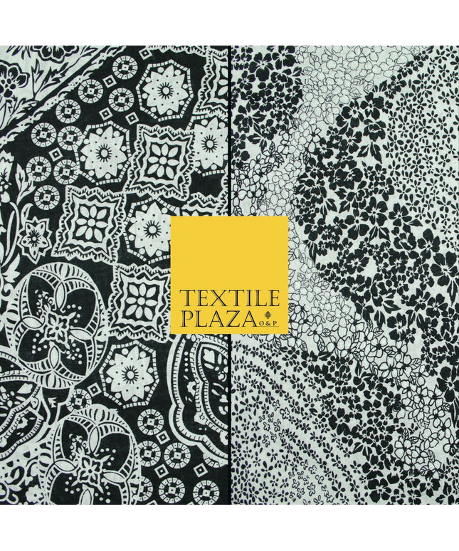 Black White Monotone Ornate Tribal Floral 100% Cotton Lawn Print Dress Fabrics