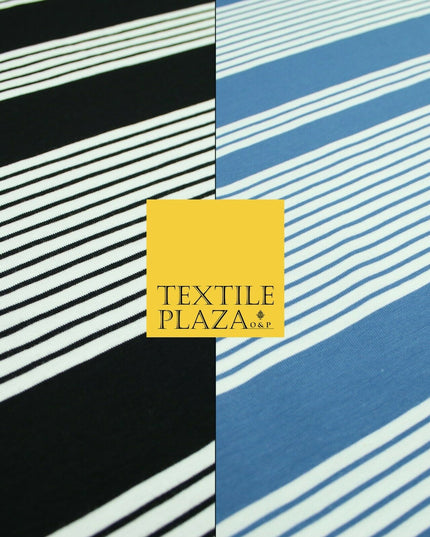 Black Blue Block Pinstriped Lines Printed Soft Organic Cotton Jersey Fabric 59"
