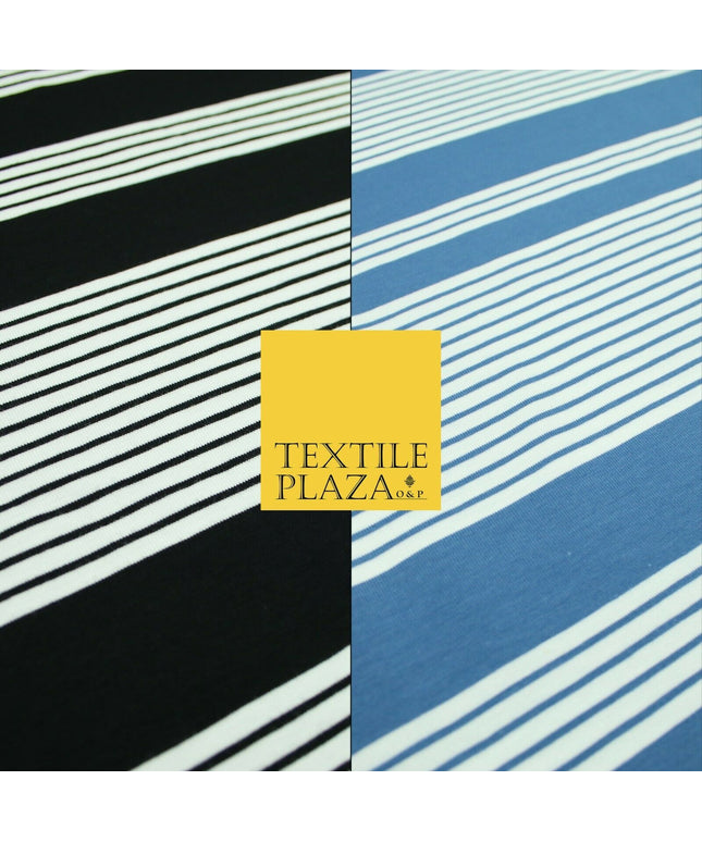 Black Blue Block Pinstriped Lines Printed Soft Organic Cotton Jersey Fabric 59"