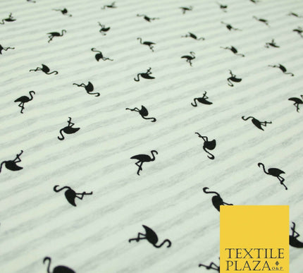 Ivory Striped Flamingo Icon Printed Soft Organic Cotton Jersey Fabric 59" 5491