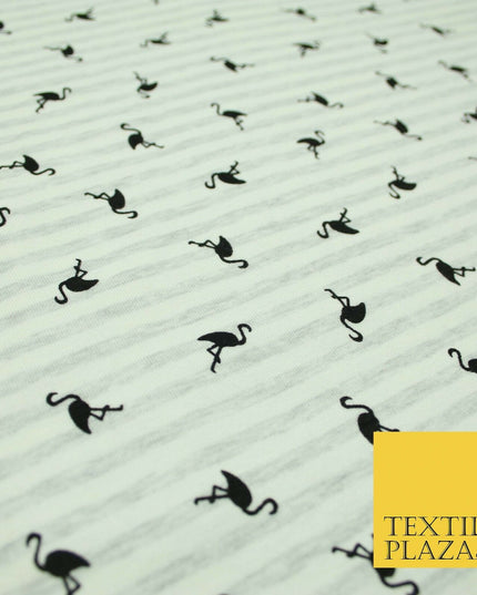 Ivory Striped Flamingo Icon Printed Soft Organic Cotton Jersey Fabric 59" 5491