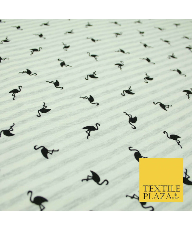 Ivory Striped Flamingo Icon Printed Soft Organic Cotton Jersey Fabric 59" 5491