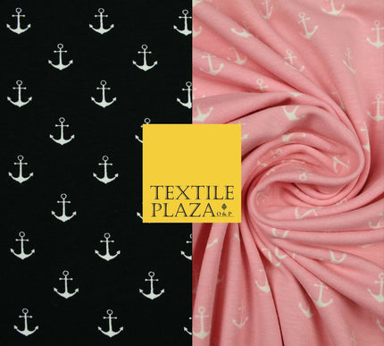 Black Pink Nautical Anchor Printed Soft Organic Cotton Jersey Stretch Fabric 59"