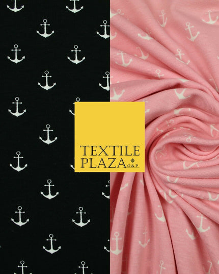 Black Pink Nautical Anchor Printed Soft Organic Cotton Jersey Stretch Fabric 59"