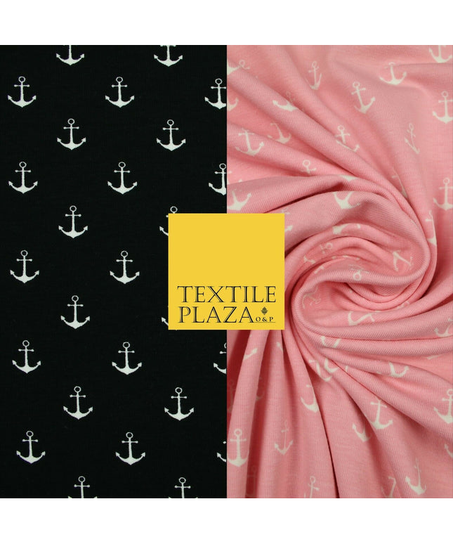 Black Pink Nautical Anchor Printed Soft Organic Cotton Jersey Stretch Fabric 59"