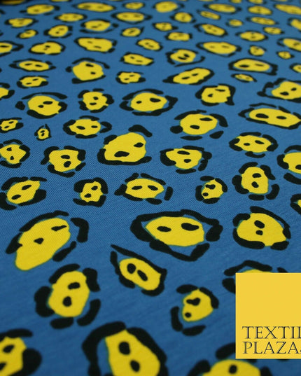 Blue Yellow Wacky Leopard Animal Print Soft Organic Cotton Jersey Fabric 59"5475